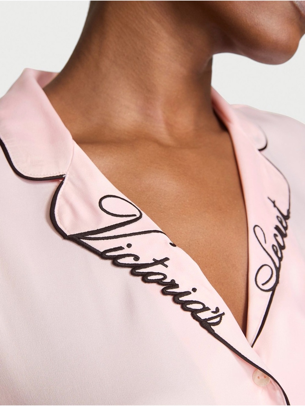 Victoria's Secret Light Pink Satin Short Pajama Set with Black Piping